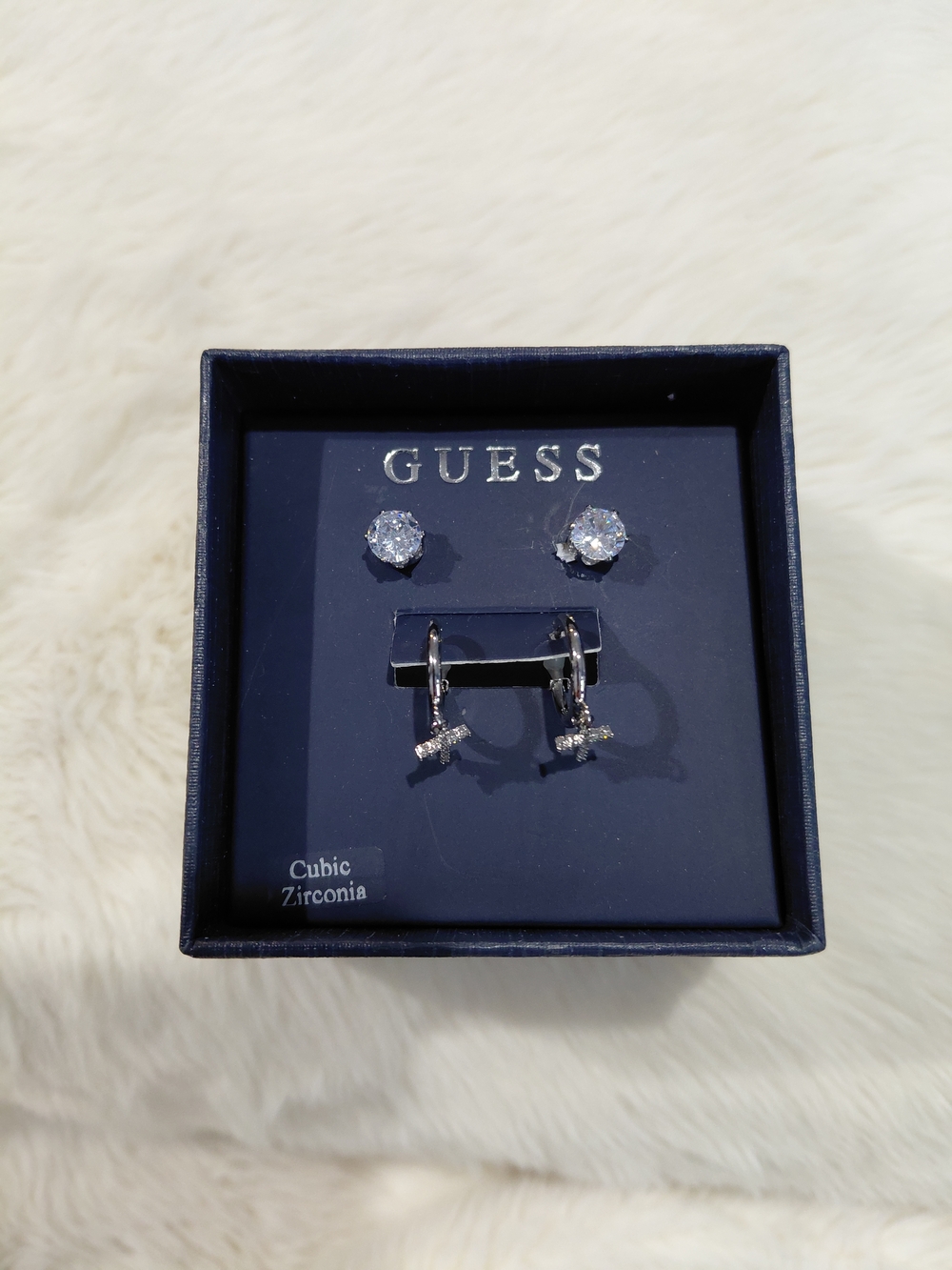 NWT GUESS Silver Cubic Zirconia Earring Set - Sparkling Studs & Hanging Crosses